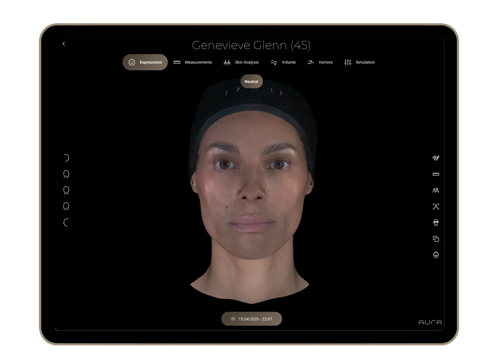 Aura Reality interface comparing facial expressions on a 3D digital twin