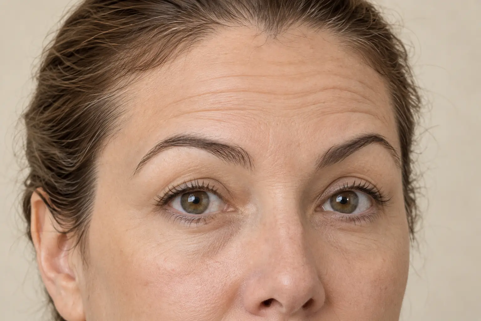 The same woman's upper face with brows raised, showing the relationship between forehead movement, brow height, and upper eyelids