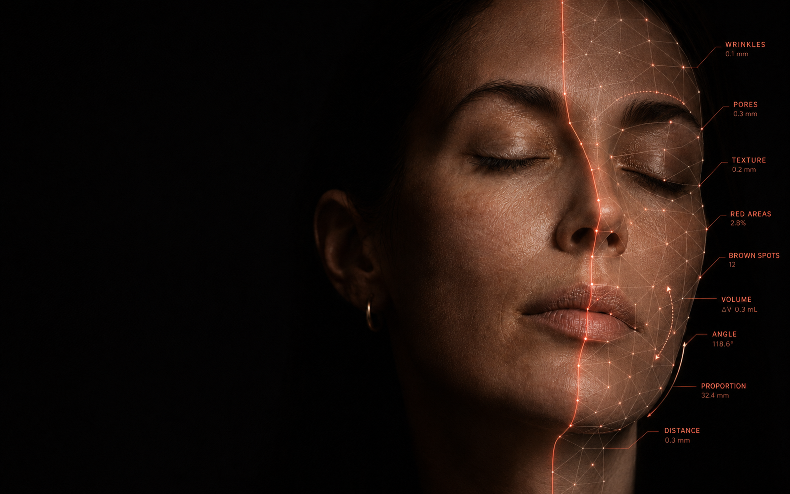 Client viewed naturally and as an aligned three-dimensional facial capture, divided by a precise measurement line