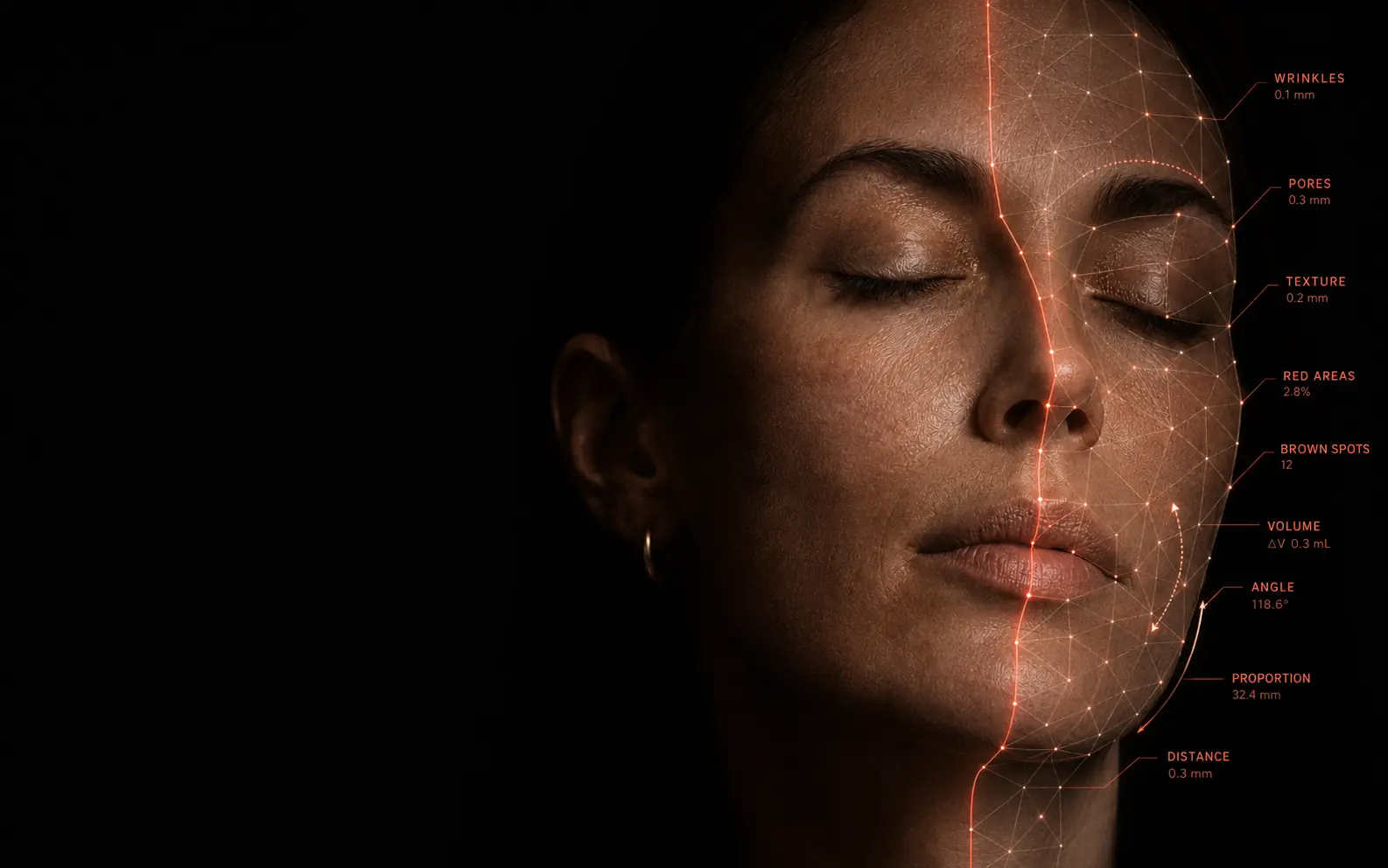 Client viewed naturally and as an aligned three-dimensional facial capture, divided by a precise measurement line