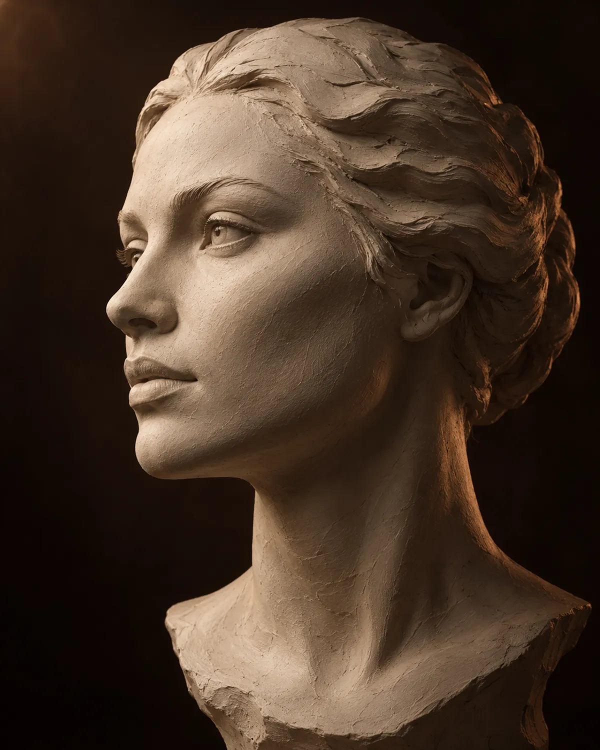 Clay sculpture showing the profile, cheek, lips, chin, and jaw of a woman's face